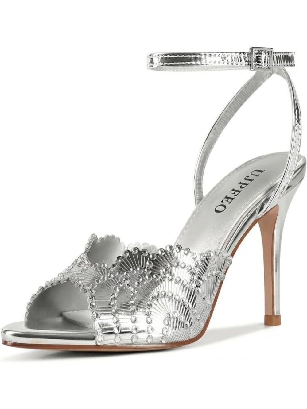 Women's Silver Rhinestone High Heel Sandals Round Open Toe Sparkly High Heels